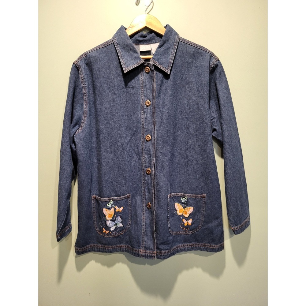 Denim Mid Length Butterfly Embroidered Mature Button Up Jacket Pockets Sz M
